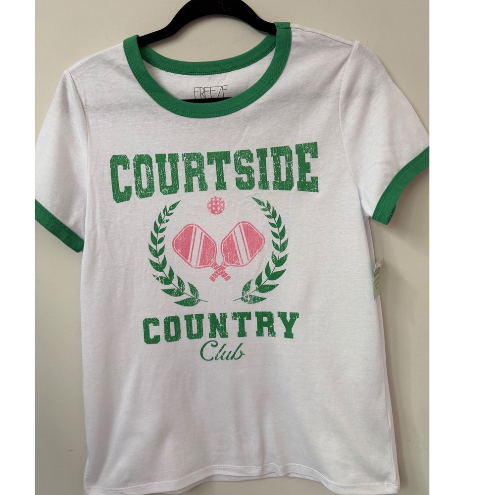 New Freeze Courtside Country Club Pickleball Ringer Tee White Green Pink Medium
